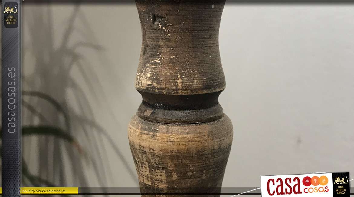 Pie de lámpara de madera torneada, base cuadrada, acabado de madera efecto cepillado envejecido con reflejos claros, 52cm
