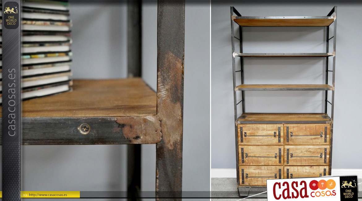 Librería rústica de mango macizo y acero envejecido, estructura de escalera con acabado natural oxidado, 197 cm