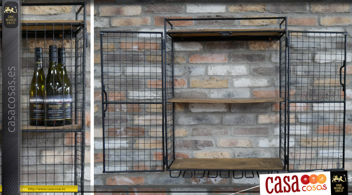 Estante de pared con malla de alambre de 2 niveles con soporte de vidrio, estantes de madera de mango, 88 cm