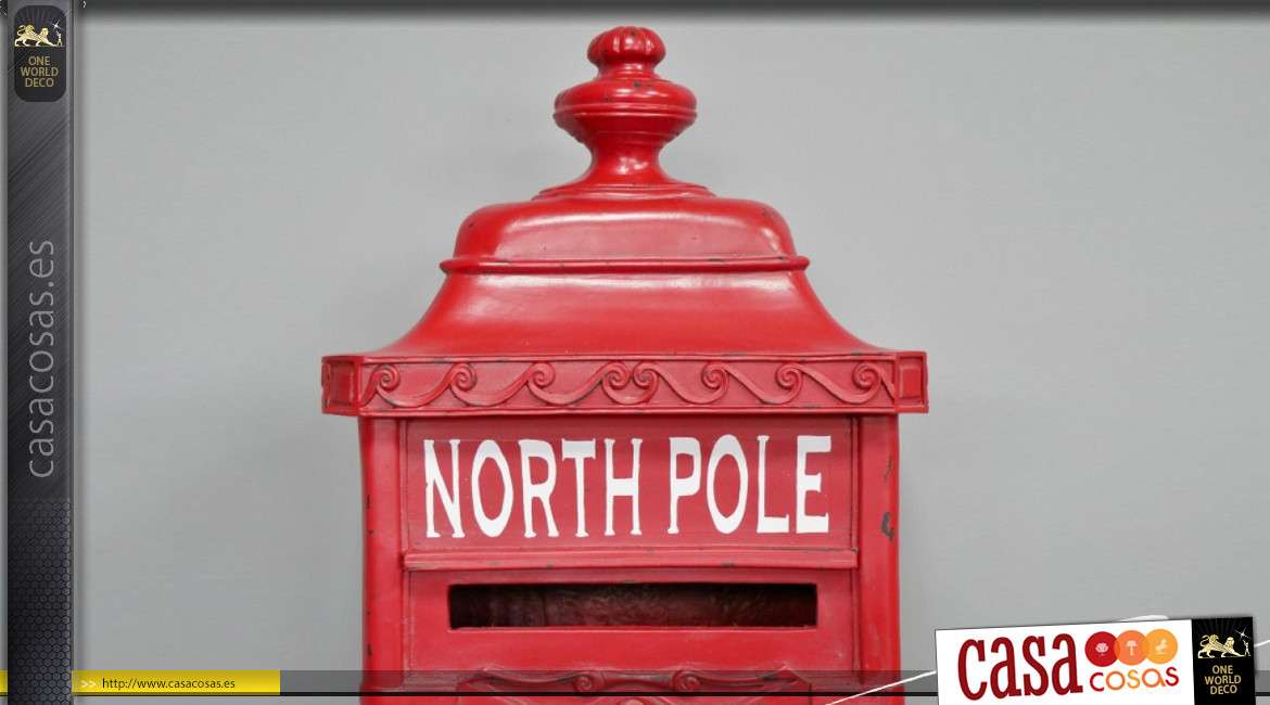 Buzón grande en acabado rojo Londres, forma de columna con inscripción del Polo Norte en el frente, 91cm