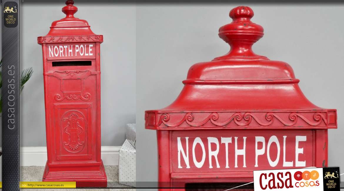 Buzón grande en acabado rojo Londres, forma de columna con inscripción del Polo Norte en el frente, 91cm