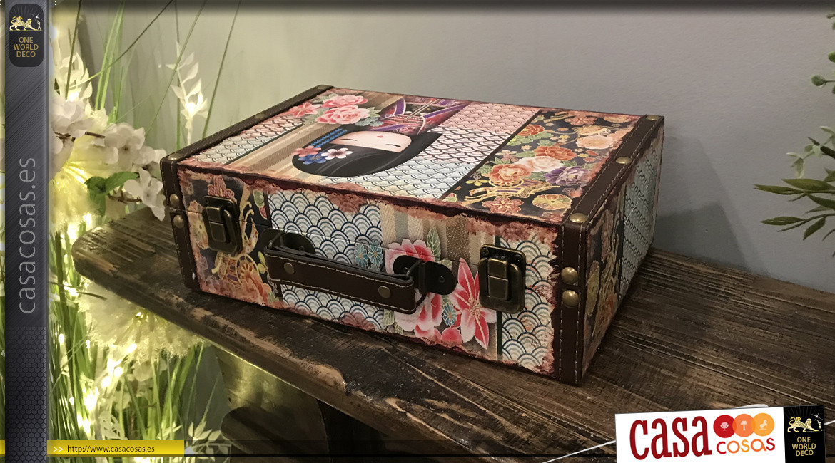 Caja decorativa estilo maleta de madera y detalles en metal, estampados manga de colores, 30cm