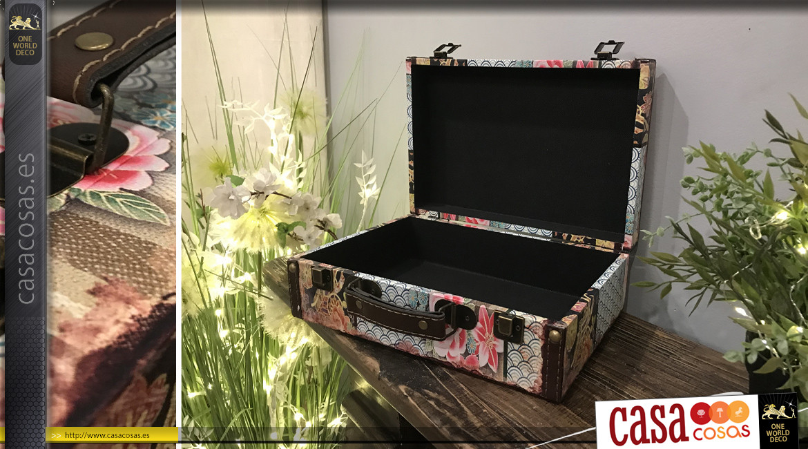 Caja decorativa estilo maleta de madera y detalles en metal, estampados manga de colores, 30cm