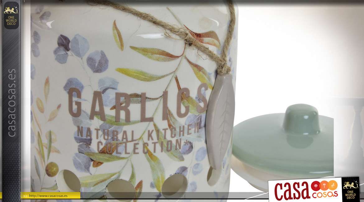 Cazuela de ajo en gres en colores vintage, con tapa y cuerda pequeña, patrones de hojas, accesorio de cocina, 17cm