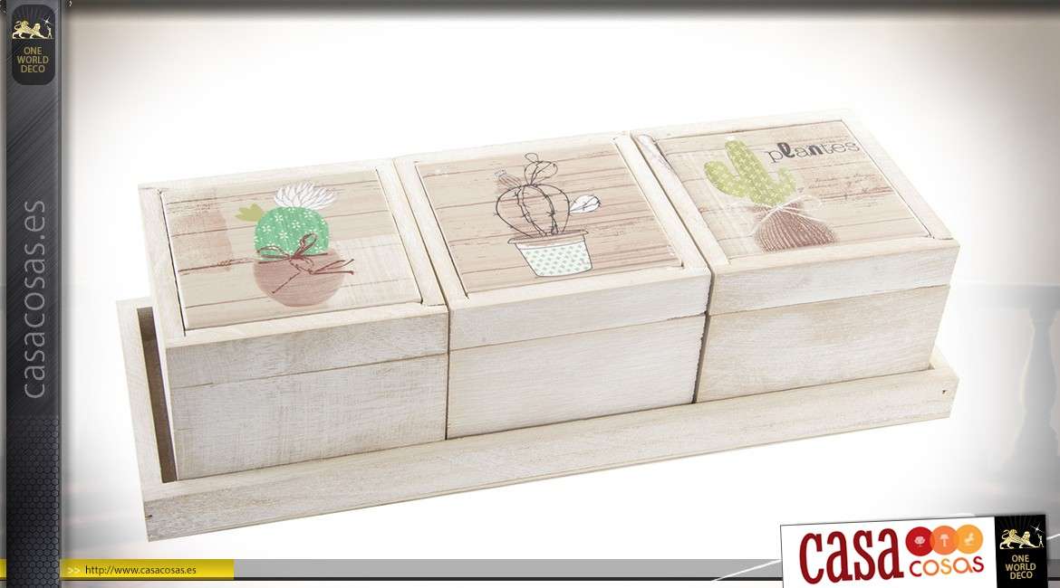 Conjunto de 3 cajas y bandeja, ilustraciones de madera clara sobre el tema de cactus 35 cm