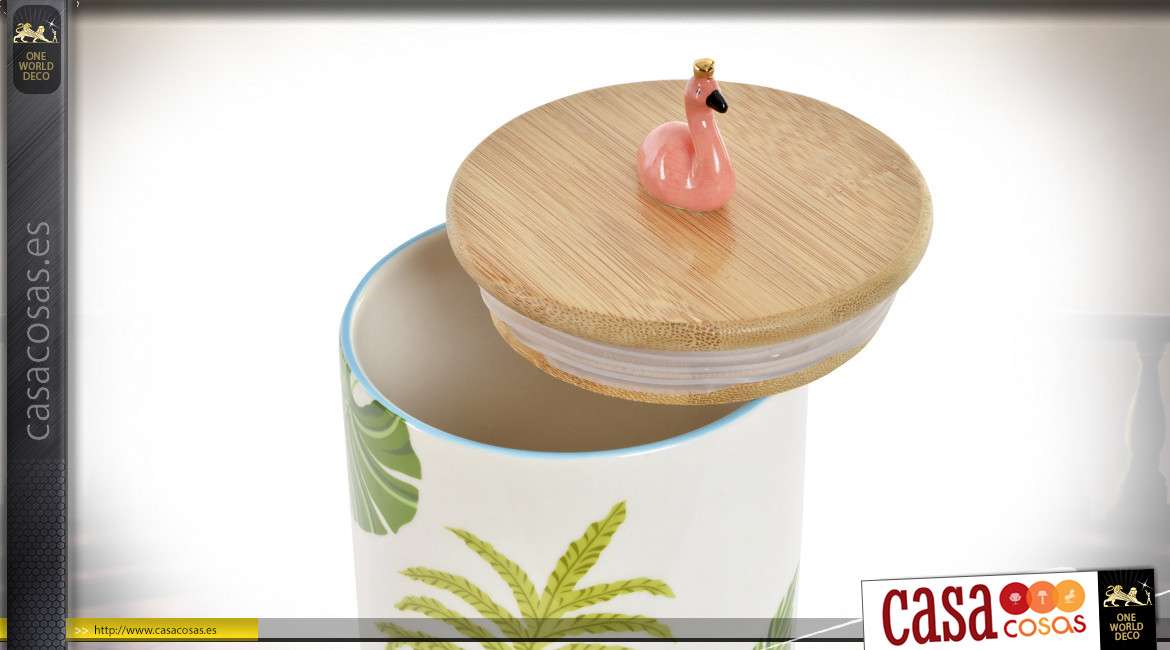 Maceta decorativa en porcelana y bambú natural, motivos de hojas tropicales y flamenco rosa en la tapa, 16cm