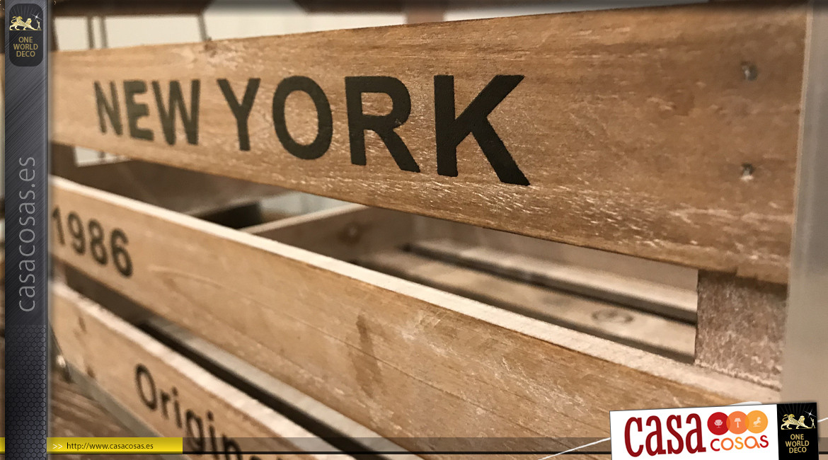 Caja de almacenamiento de madera y metal con inscripción New-York