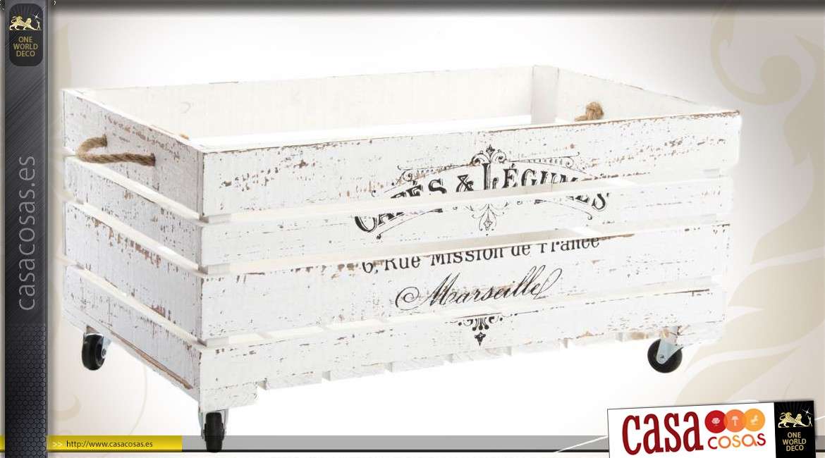 Caja de madera blanca vintage con ruedas