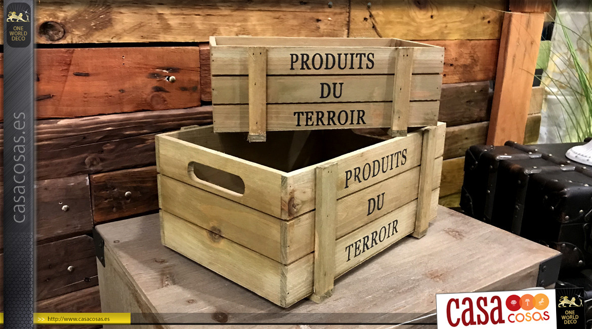 Serie de 2 cajas de madera rústica marcadas con productos locales de 32 cm.