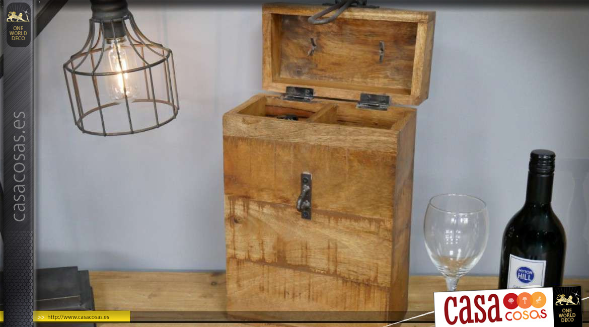 Caja de madera maciza y envejecida con herrajes antiguos para dos botellas de vino