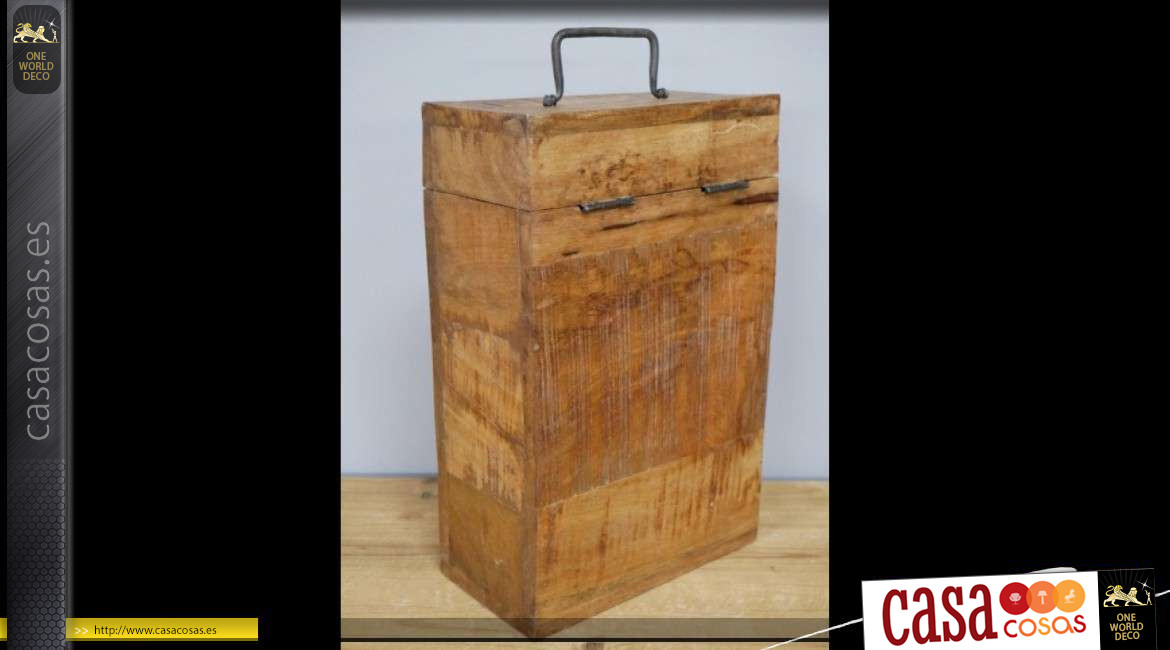 Caja de madera maciza y envejecida con herrajes antiguos para dos botellas de vino
