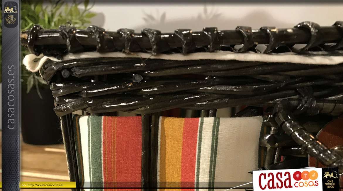 Caja de mimbre tintado en negro brillante y forro interior de algodón con motivos de colores bayadere, 34cm