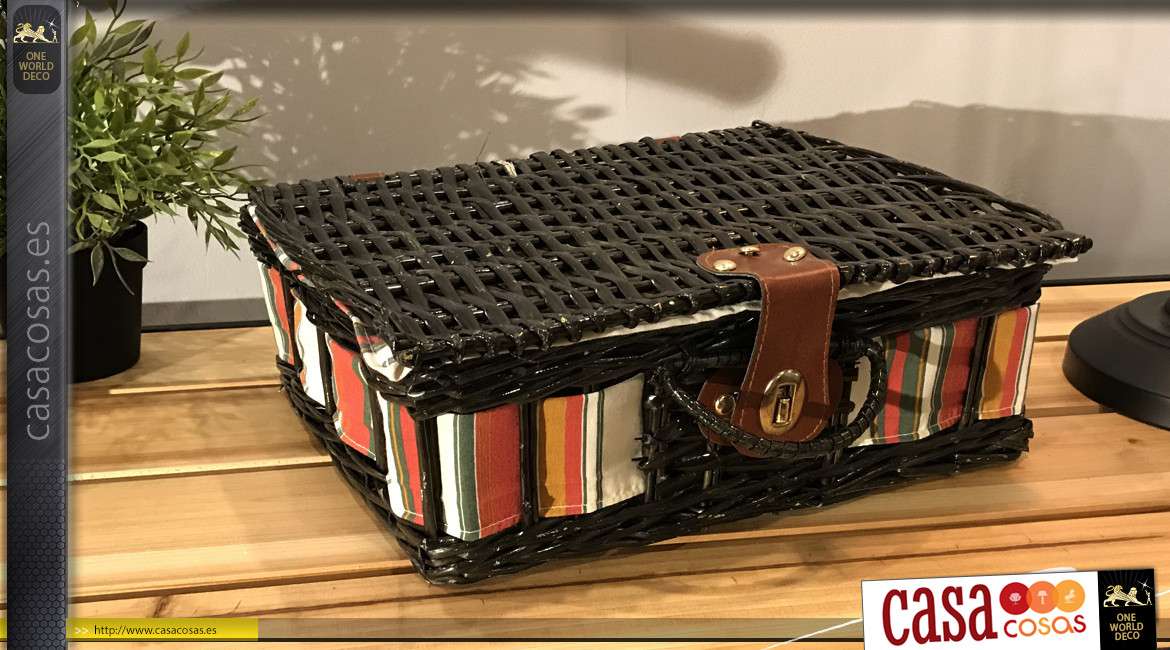 Caja de mimbre tintado en negro brillante y forro interior de algodón con motivos de colores bayadere, 34cm