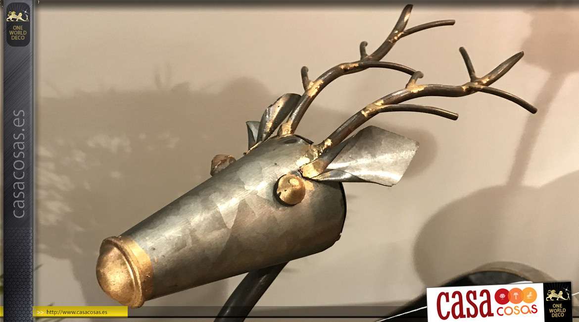 Jaridnière o cesta de presentación en metal tipo galvanizado, forma de ciervo, notas doradas y cobrizas, 33cm