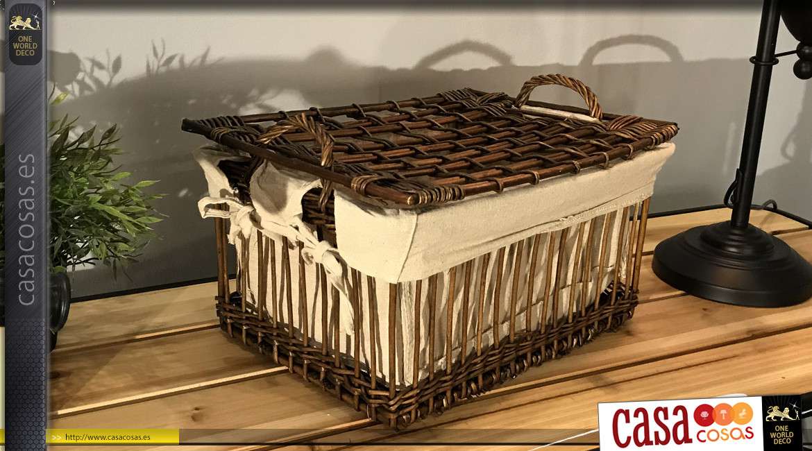Cesta caja en mimbre crudo acabado antiguo con tapa, interior forrado con arpillera, asas de transporte, 38cm