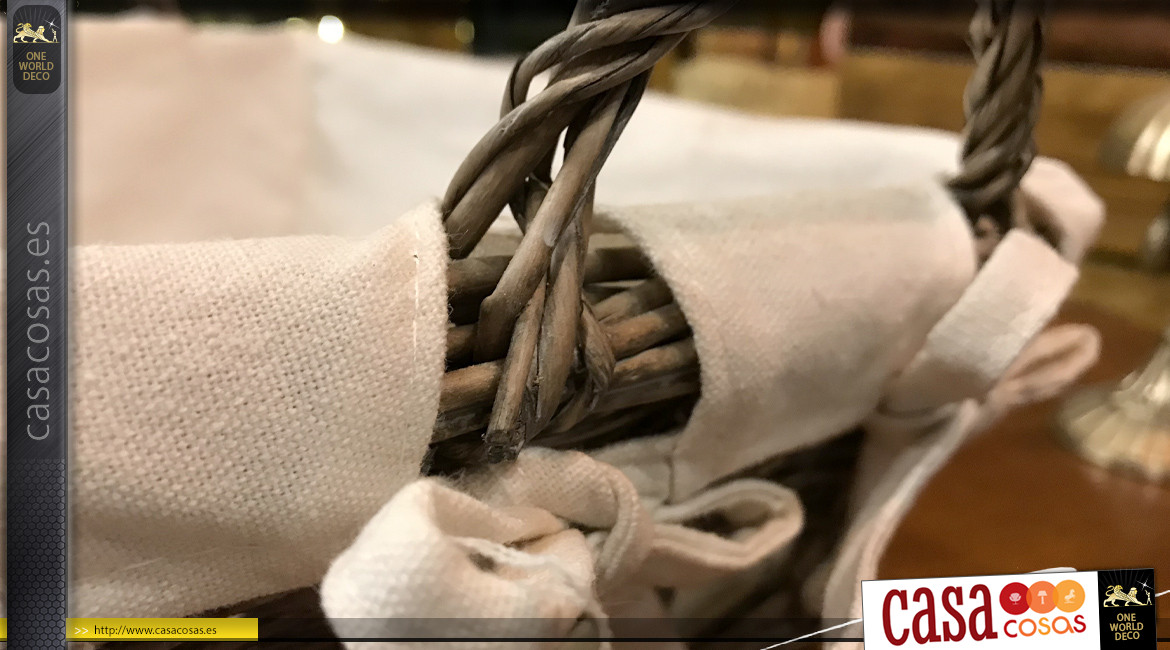 Cesta de mimbre natural con forro interior de algodón efecto lino, 2 nudos laterales, 34cm