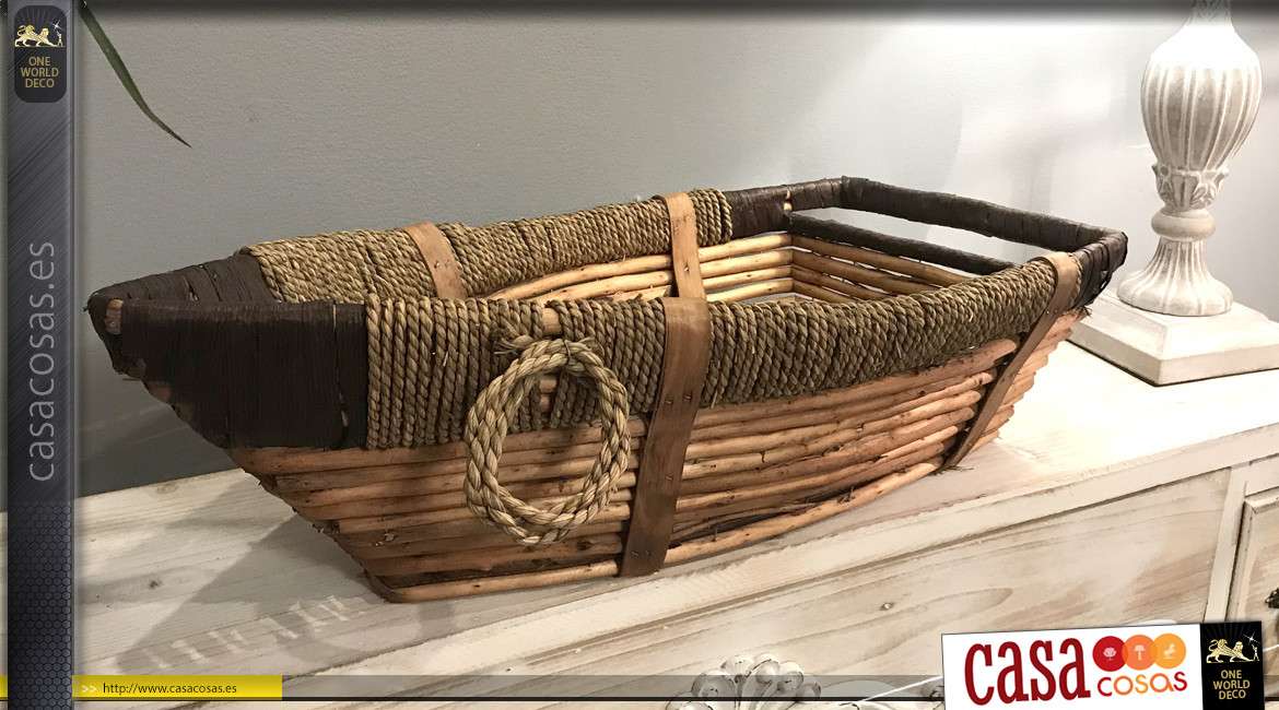 Cesta grande en forma de barco, en madera, mimbre y cuerda, efecto antiguo, espíritu marinero, 63cm