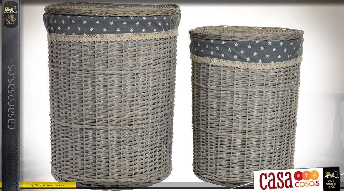Conjunto de 2 cestas de lavandería de mimbre gris antiguo con tapas Ø 44 cm