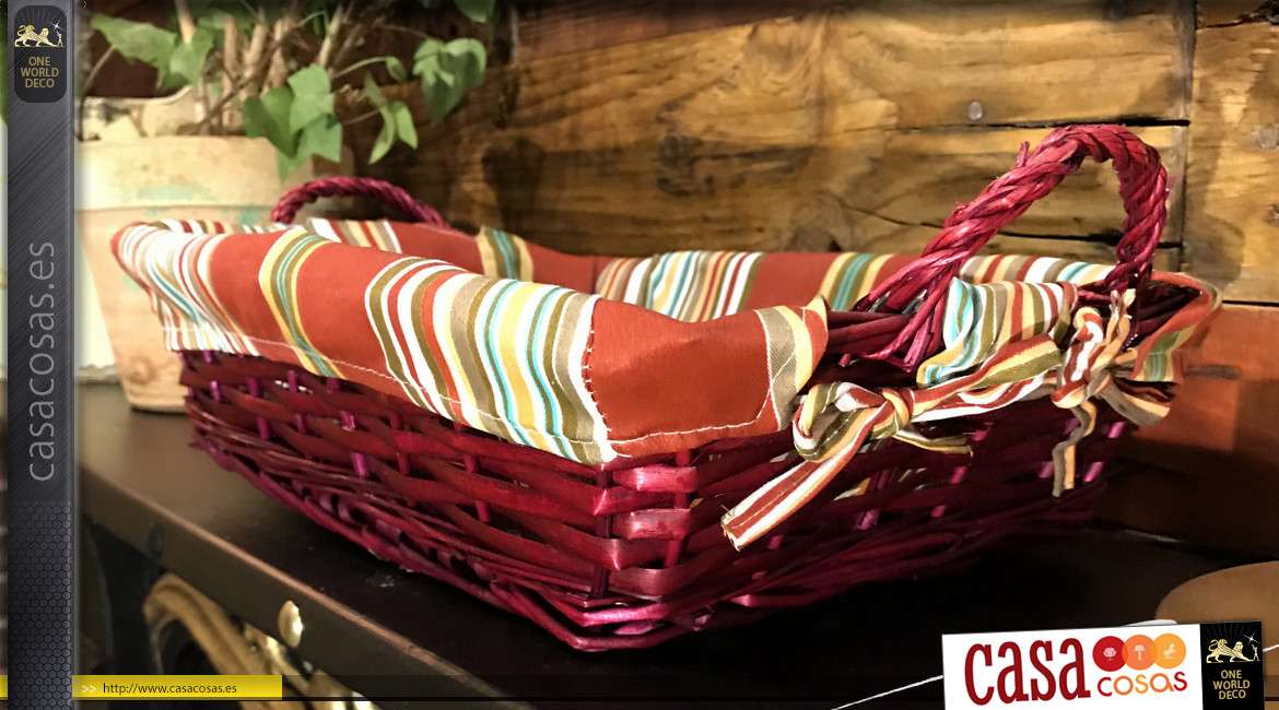 Cesta en férula de avellana teñida en rosa burdeos, asas de transporte y forro de algodón con motivos de bayadere, 38cm