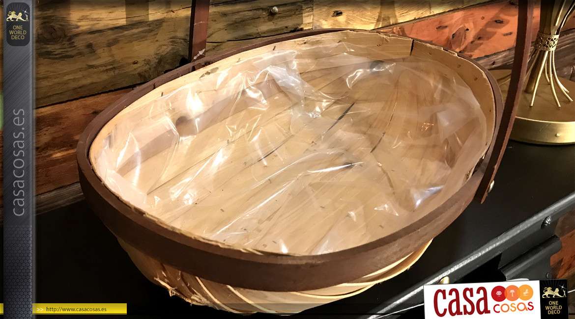 Cesta de madera clara en acabado natural y oscuro con asa móvil grande y forro interior de plástico 40cm
