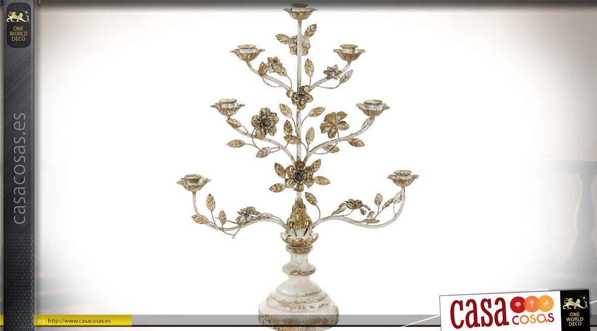 Gran candelabro de madera y flores de metal barroco, follaje dorado de 82 cm