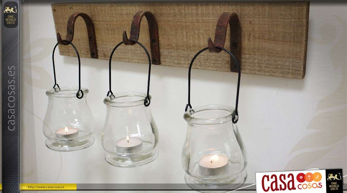 Aplique de candelabro de estilo rústico con 3 soportes de vidrio
