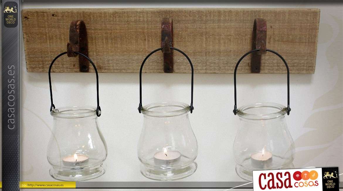 Aplique de candelabro de estilo rústico con 3 soportes de vidrio