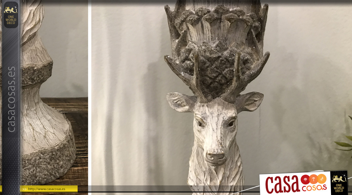 Candelabro de imitación de resina de madera gris oxidado con patrón de cabeza de ciervo 30 cm