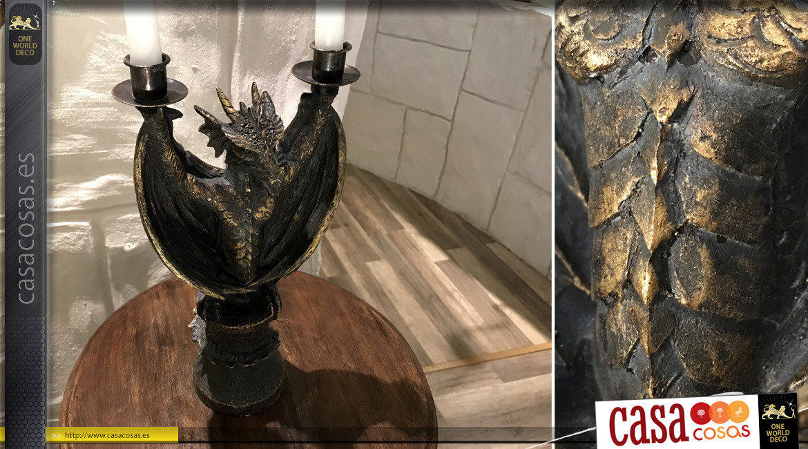 Candelero dragón de resina, atmósfera de gárgola, acabado metal oxidado, 35cm