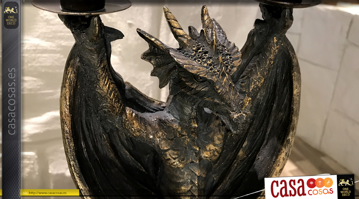 Candelero dragón de resina, atmósfera de gárgola, acabado metal oxidado, 35cm