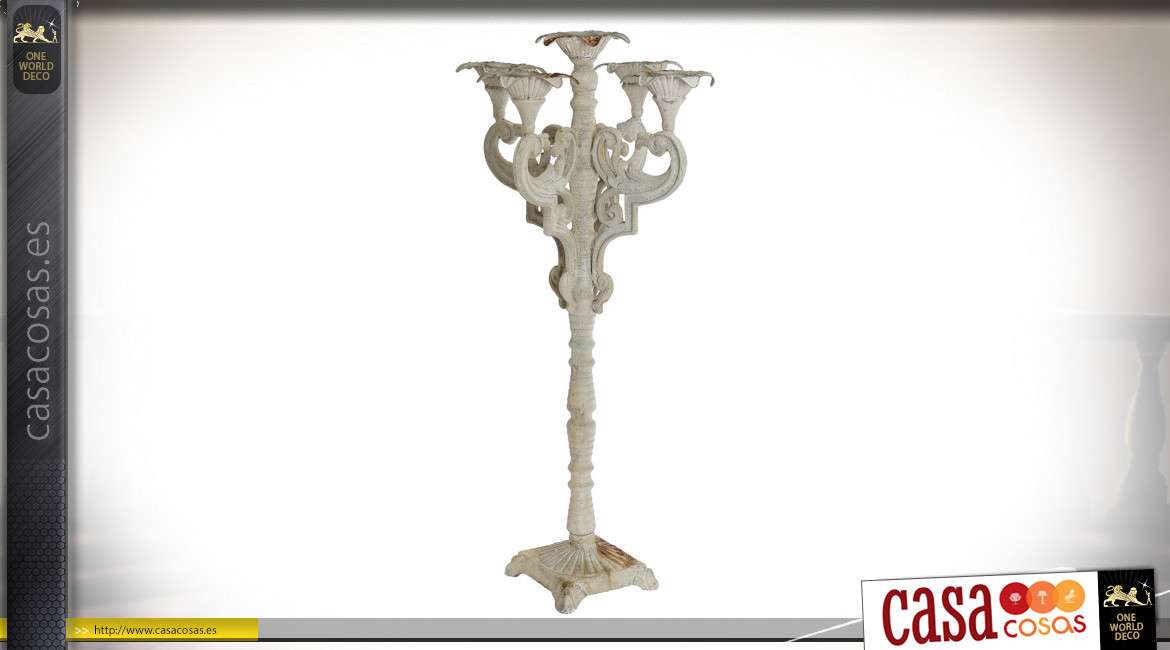 Candelero grande de metal con 4 brazos, acabado crema envejecido con efecto oxidado, estilo barroco clásico, 71cm