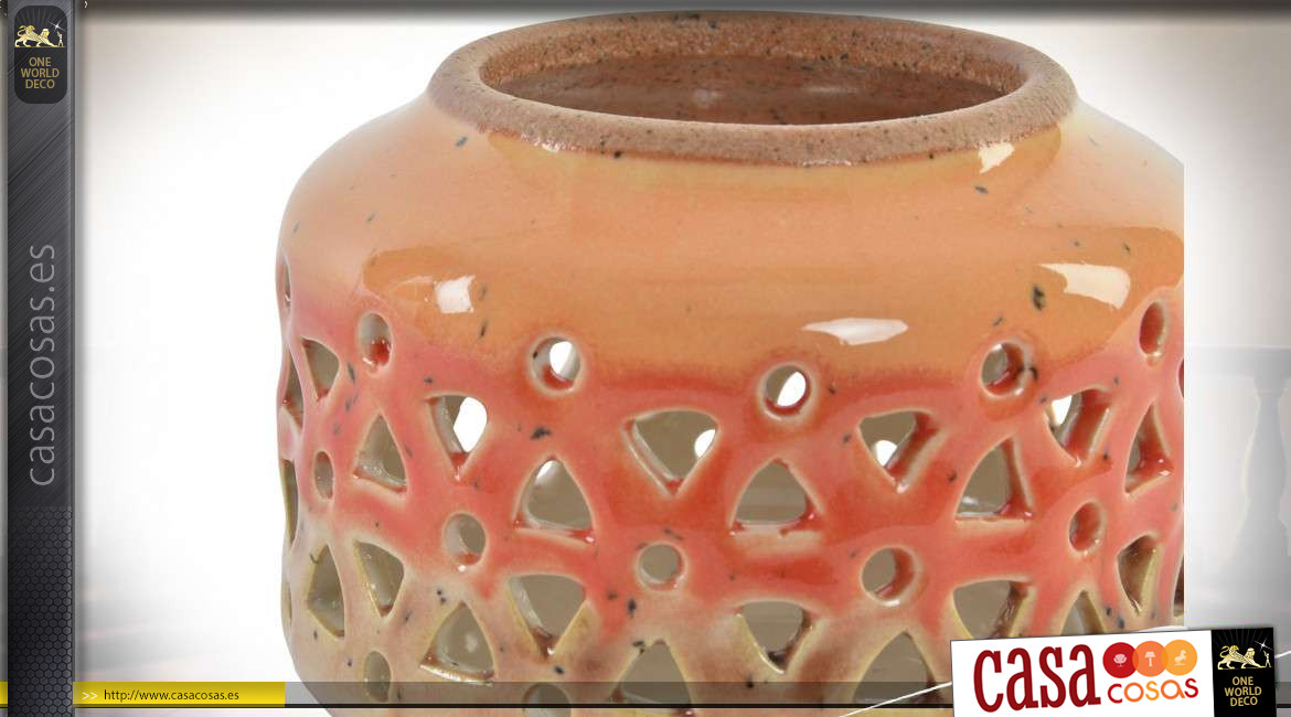 Portavelas de cerámica muy calado, acabado coral rosa, Ø10cm