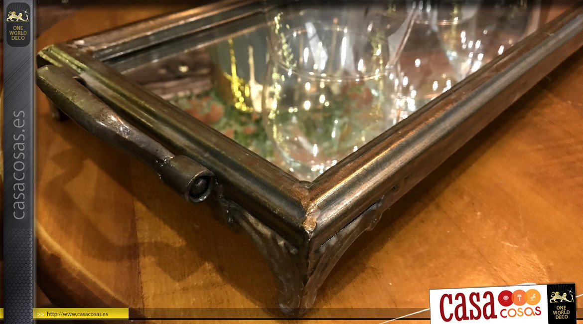 Bandeja / centro de mesa de metal efecto bronce envejecido con fondo de espejo, asas laterales, 56cm