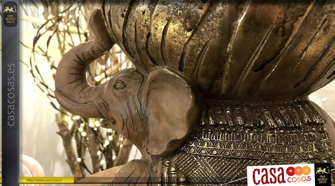 Escultura de resina de un elefante acabado marrón y dorado efecto antiguo, atmósfera recuerdos de viaje, 31 cm