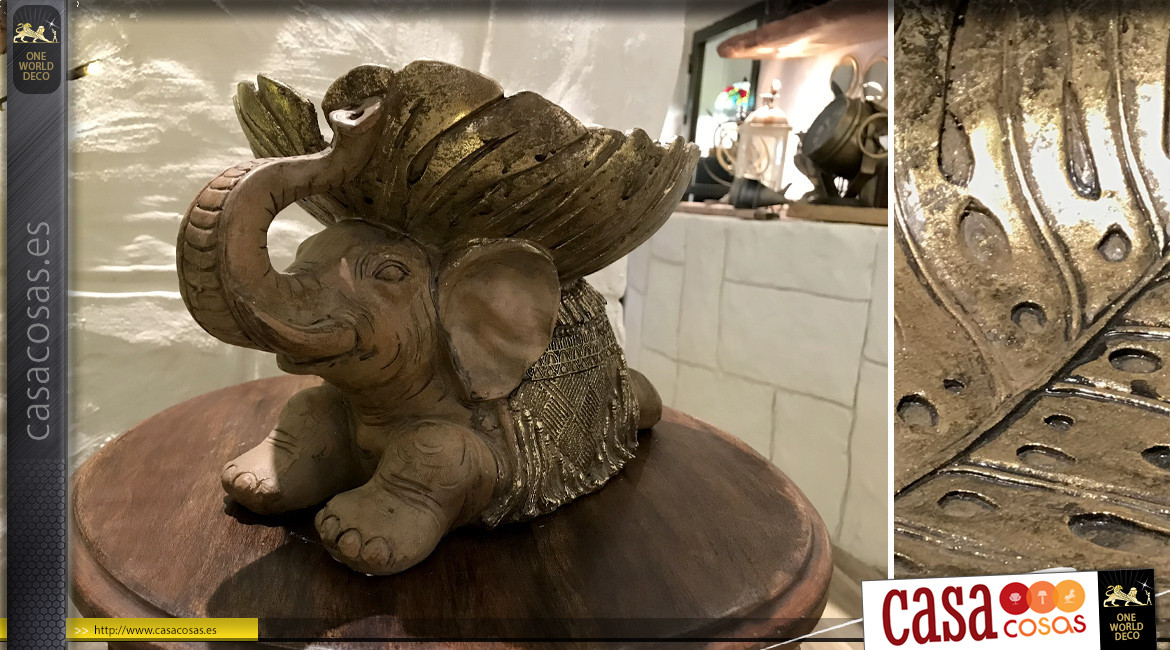 Escultura de resina de un elefante acabado marrón y dorado efecto antiguo, atmósfera recuerdos de viaje, 31 cm