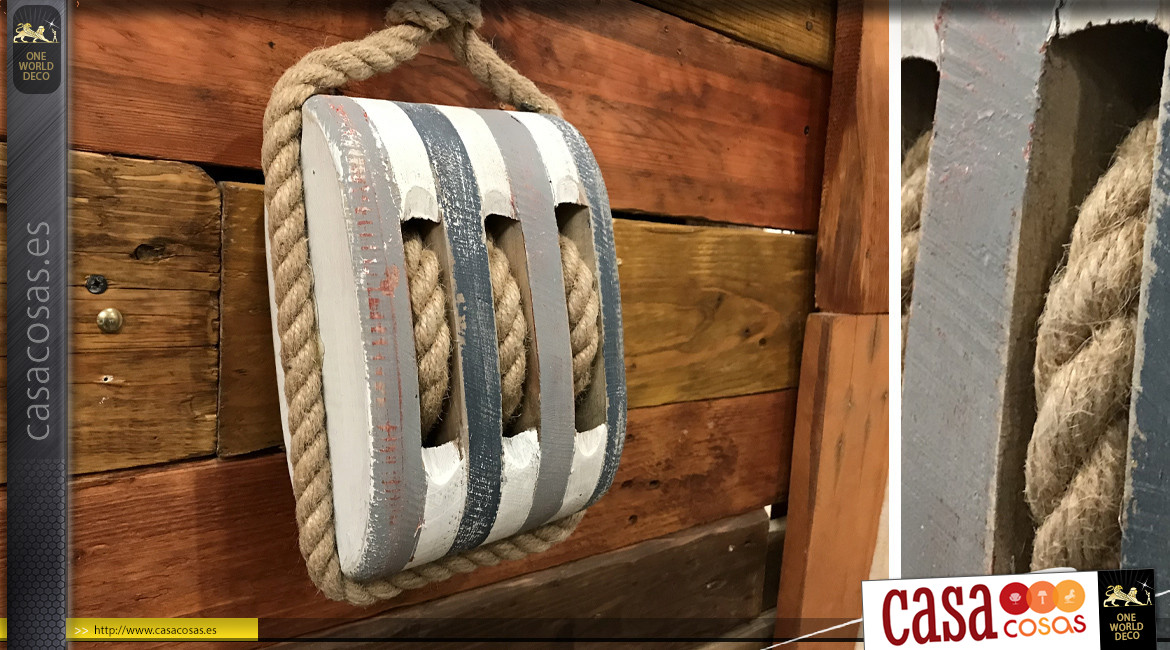 Tope de puerta en forma de polipasto marino antiguo en madera y cuerda