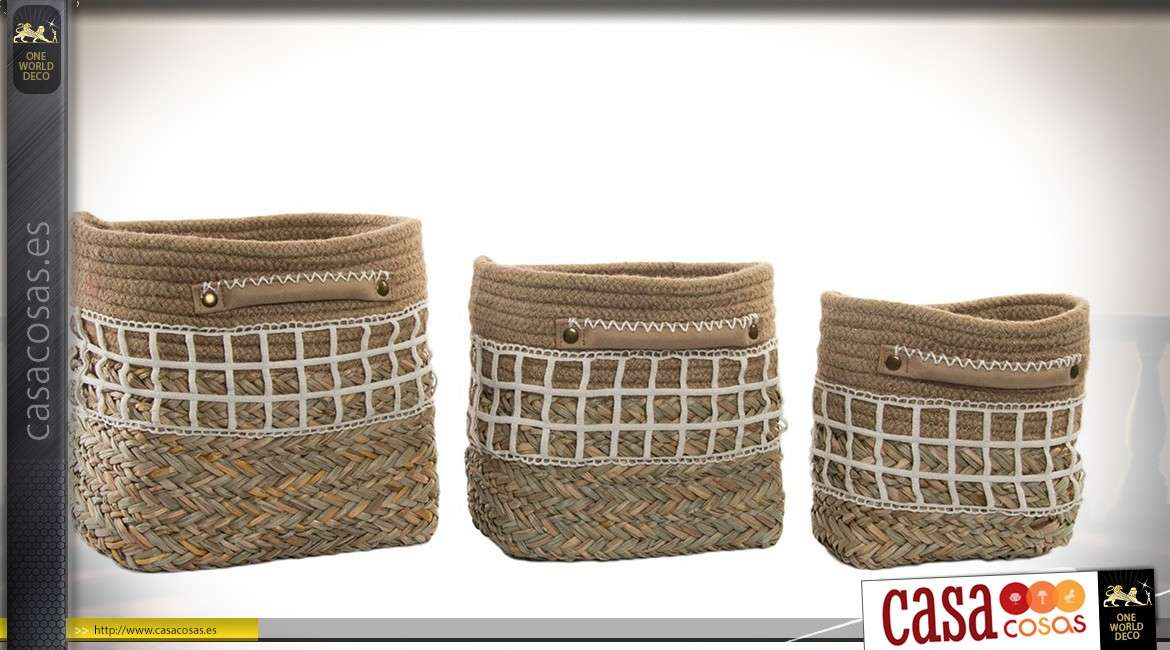 Conjunto de tres cestas de mimbre y yute, hermosos acabados estampados en cuadritos