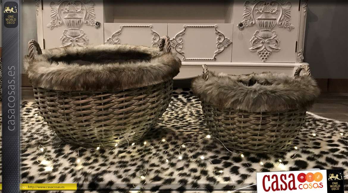 Dúo de cestas redondas de mimbre gris forro de piel sintética Ø 45 cm