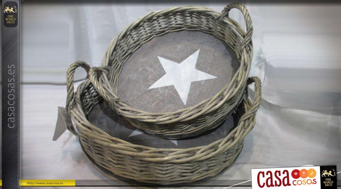 Serie de dos cestas de mimbre redondas y madera de estilo country chic Ø 47 cm