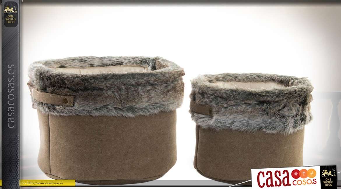 Dúo de cestas de tela color marrón claro y piel sintética gris Ø 32.5 cm