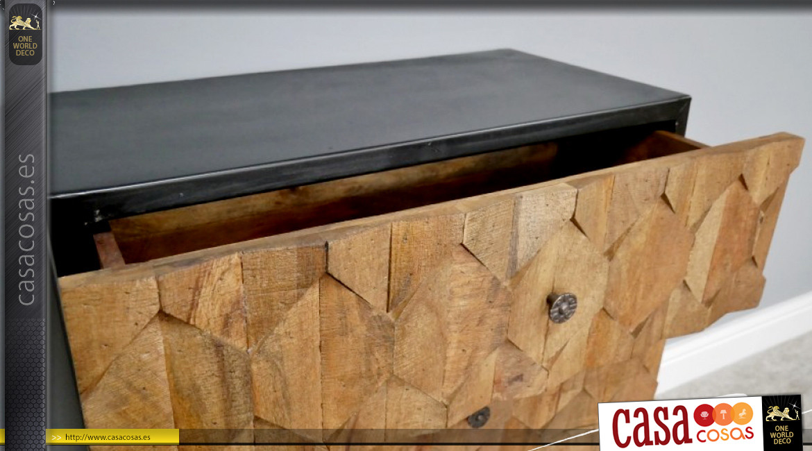 Cómoda aparador de madera maciza con frente tallado, 3 cajones, acabado crudo y negro, 85cm