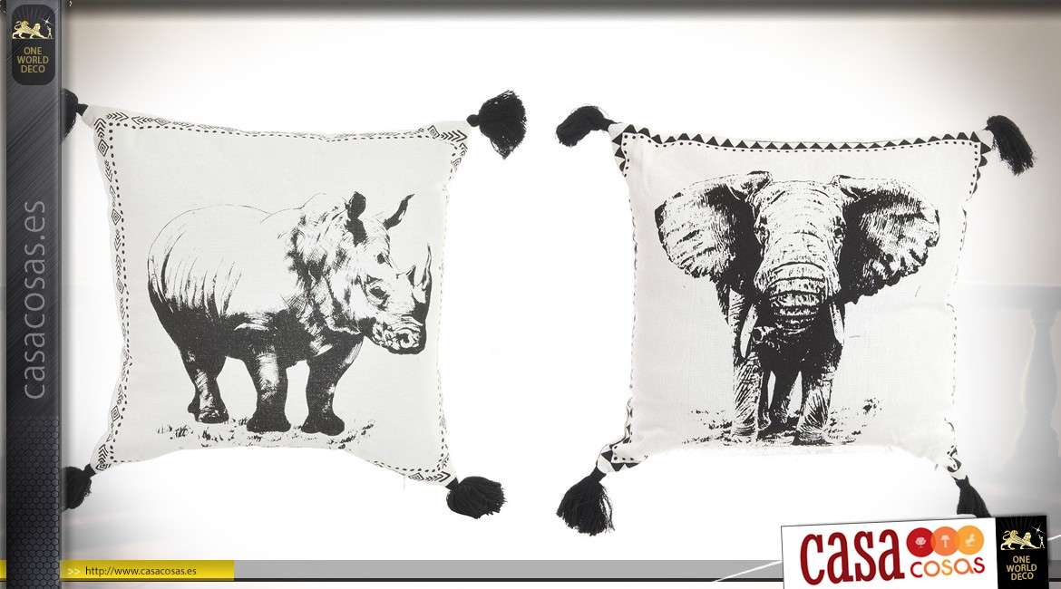 Dúo de cojines de algodón con dibujos en blanco y negro: elefante y rinoceronte 45 x 45 cm