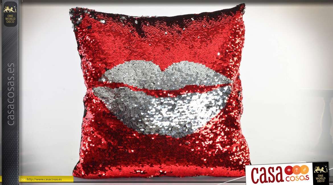 Almohada de brillo reversible roja y plateada: labios y patrón de beso