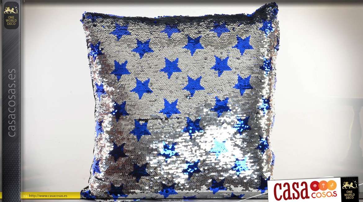 Cojín de plata con patrones de brillo reversibles estrellas azules 40 x 40 cm