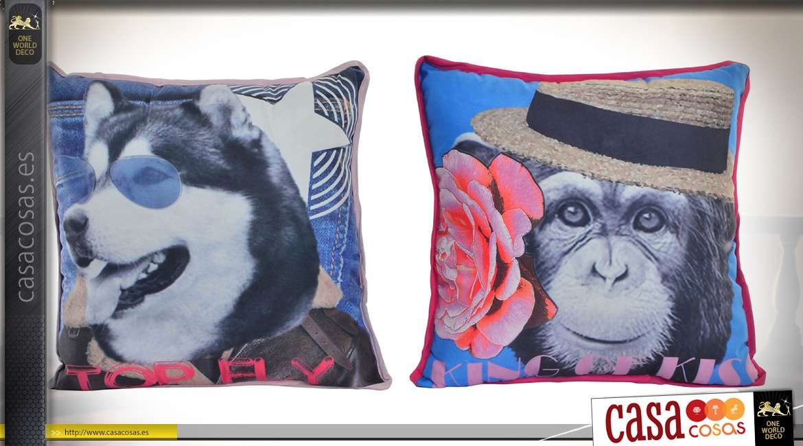 Dúo de cojines decorativos completos: Husky y chimpancé en 40 x 40 cm