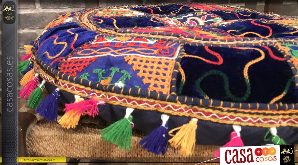 Cojín grande redondo de algodón grueso, patrones de patchwork muy coloridos con flecos y pompones, espíritu Inca, Ø55cm
