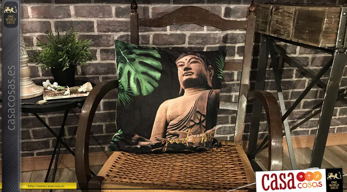Juego de 2 cojines decorativos inspirados en Buda, motivos de hojas de de la jungla al fondo, 45x45 cm