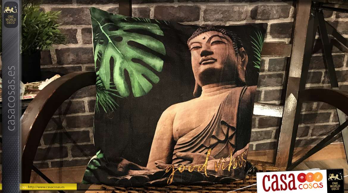 Juego de 2 cojines decorativos inspirados en Buda, motivos de hojas de de la jungla al fondo, 45x45 cm