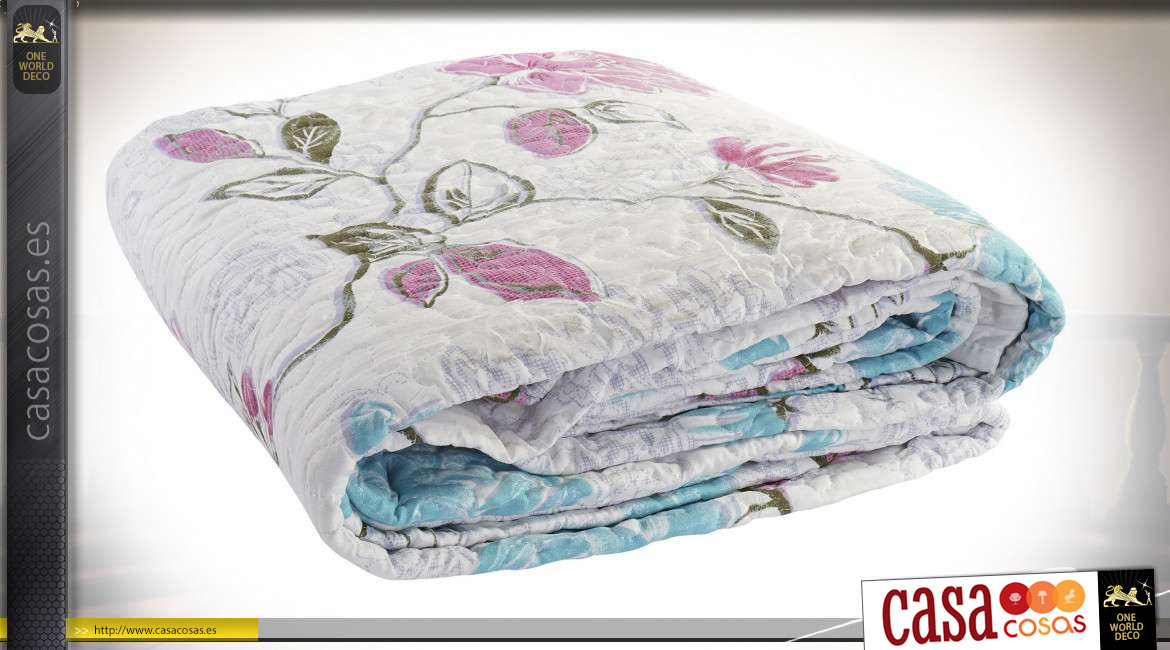Colcha grande de algodón grueso, motivos florales retro en acabado rosa y azul, 240x260cm