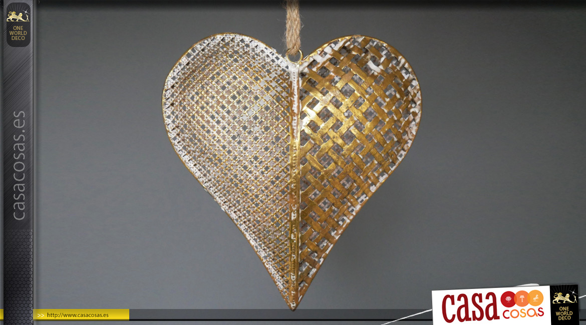 Corazón grande de metal para colgar, acabado dorado y blanqueado, reflejos bronce, 27cm